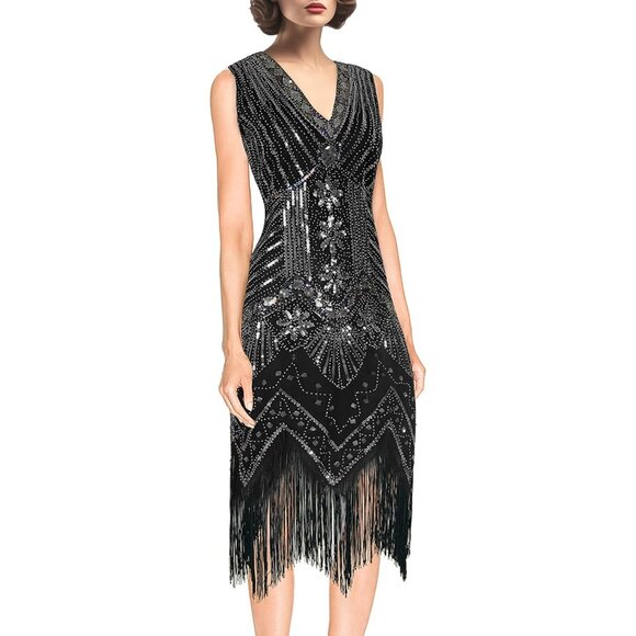 Women's 1920s Flapper Dress Vintage Lace Fringed Gatsby Cocktail Party - Picture 3 of 7